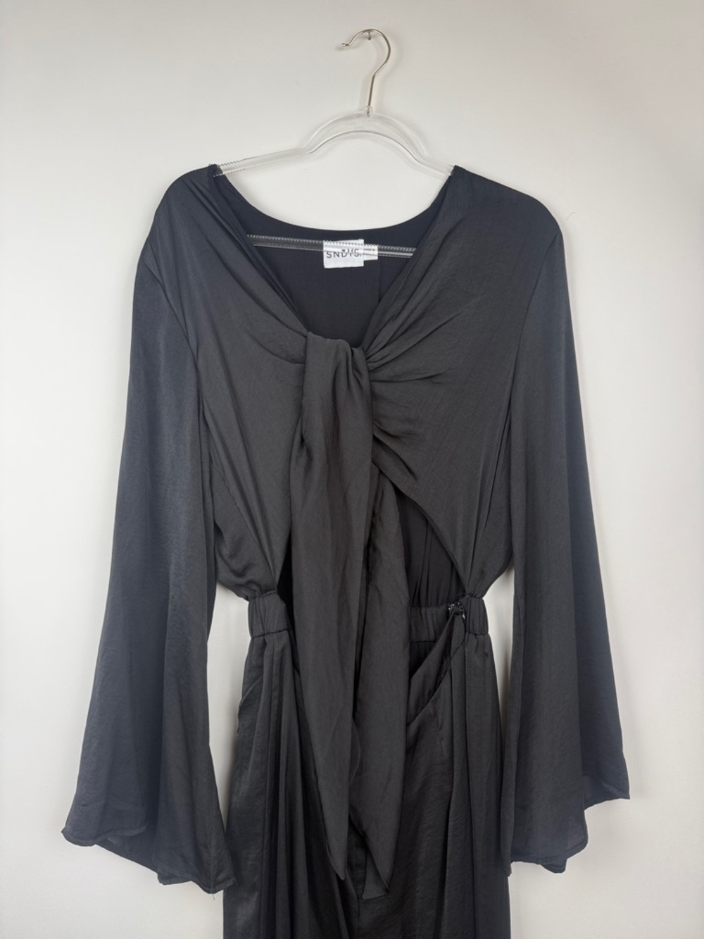 SNDYS x Revolve Pluto Tie Front Cut Out Jumpsuit in Black Sateen Size 6 - Picture 6 of 11